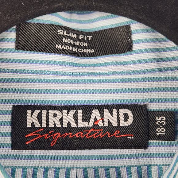 Kirkland Signature Men 18-35 Button Down Shirt Blue White Striped Long Sleeve - Picture 3 of 16